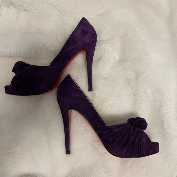 Christian Louboutin Purple Suede Peep-Toe Heels - Picture 2 of 7